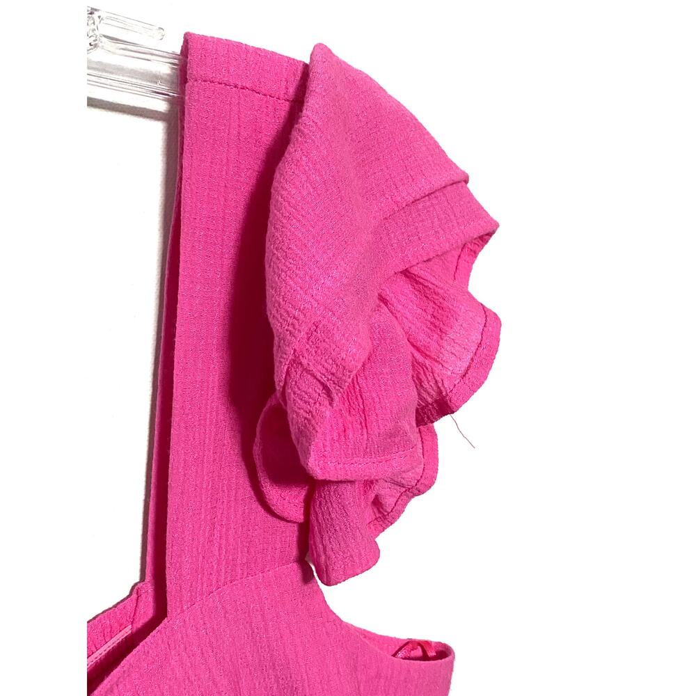 August Sky Hot Pink Crinkle Dress M Flutter Sleeve Spring Resort Beachy Vacation - Picture 3 of 9